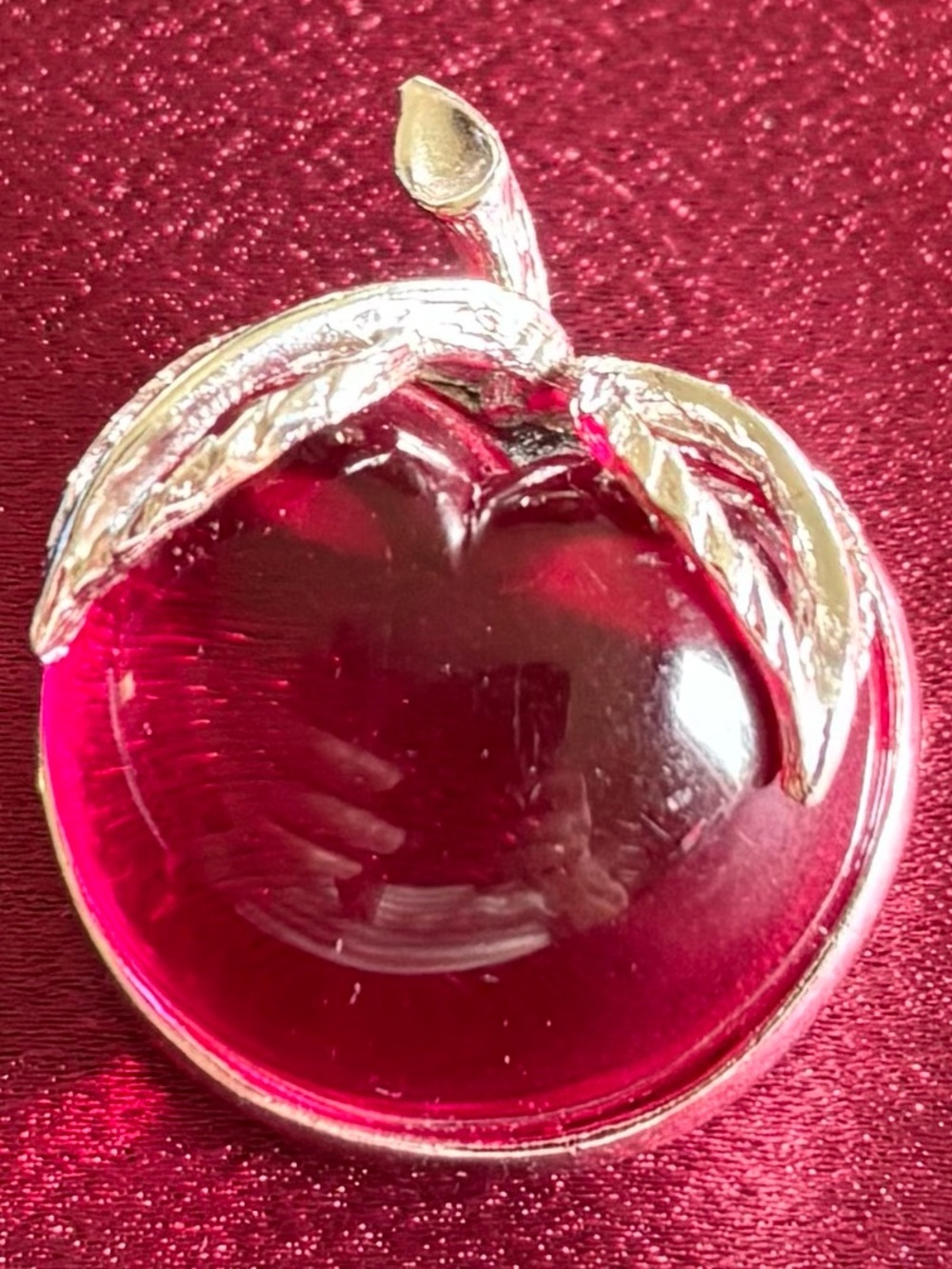 Red Glass Apple Brooch with silver-toned Leaves